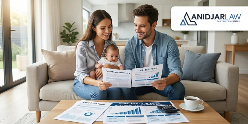 Happy family reviewing financial planning documents for the Trump Accounts Contribution Pilot Program - AnidjarLaw