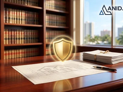 A polished mahogany desk with a subtle blueprint of a house and a glowing gold shield icon hovering above it, symbolizing asset and homestead protection