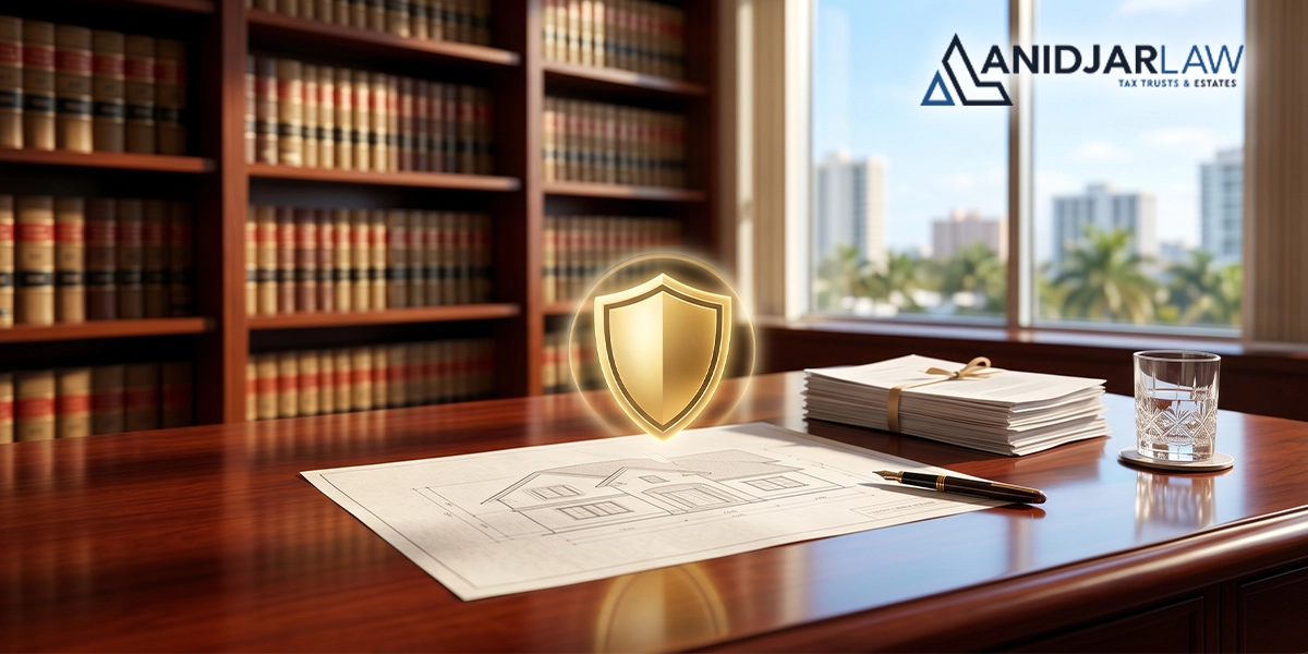 A polished mahogany desk with a subtle blueprint of a house and a glowing gold shield icon hovering above it, symbolizing asset and homestead protection