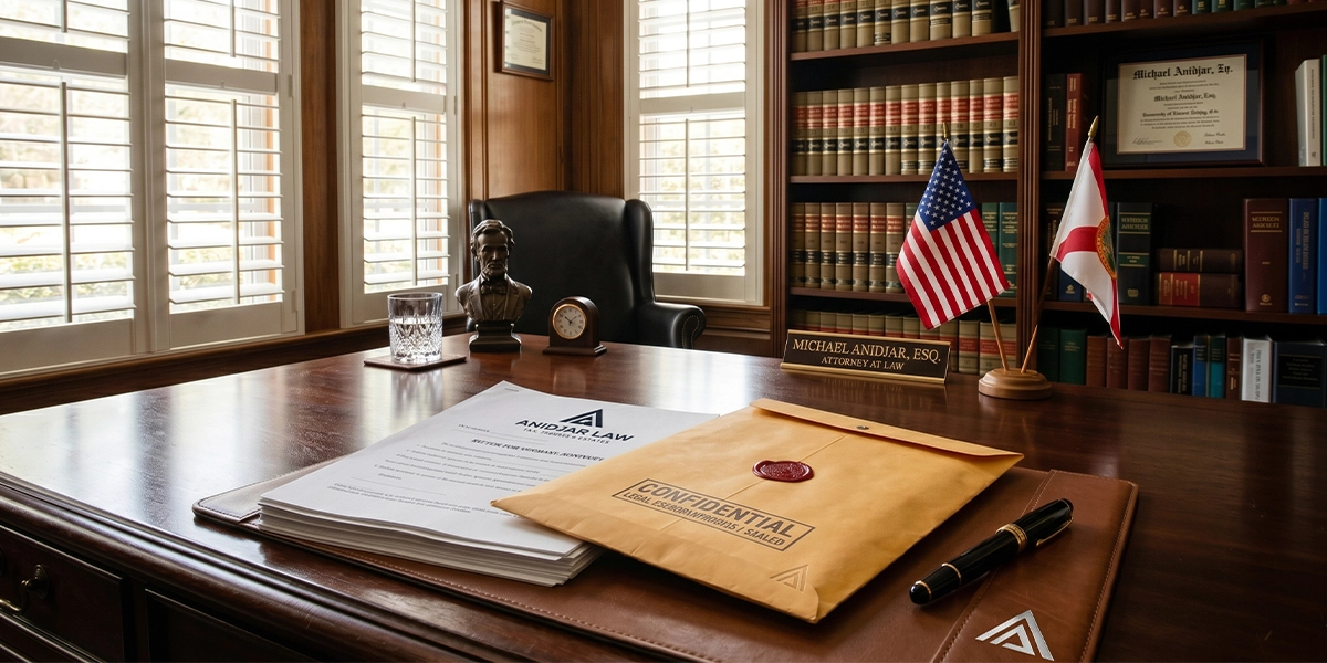 Legal documents and sealed envelope on a law office desk representing Florida will deposit and probate filing