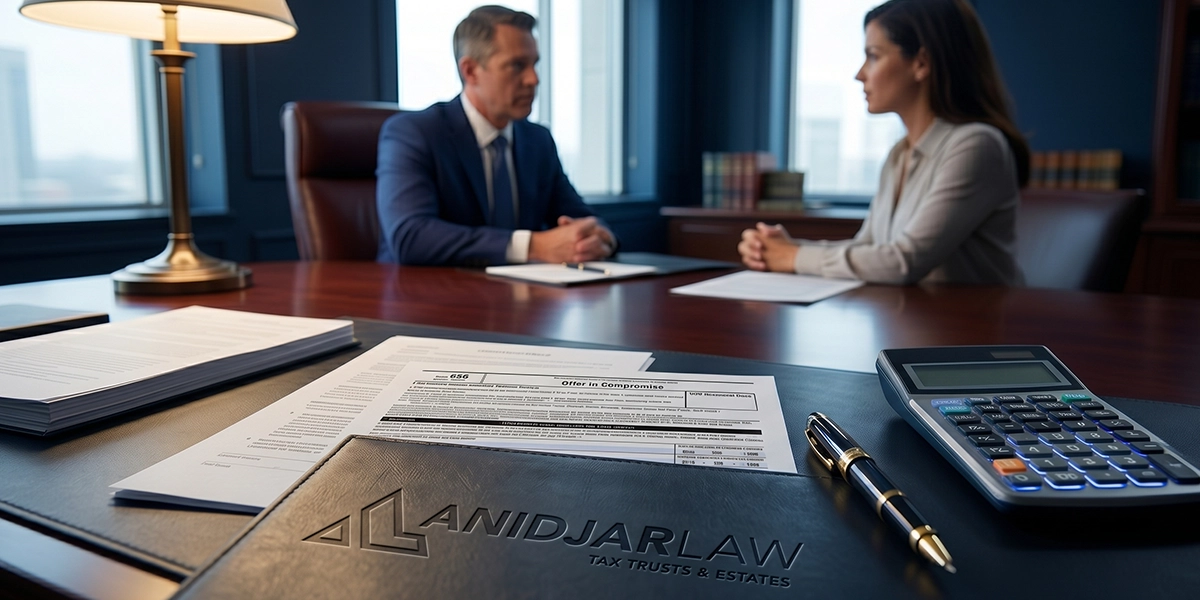 IRS Form 656 Offer in Compromise document on a tax resolution lawyer's desk