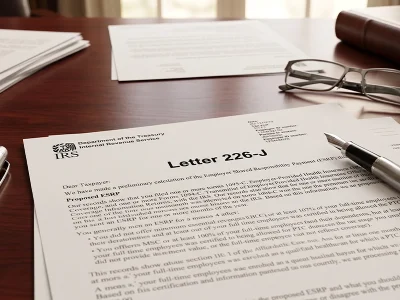 A high-end, photorealistic wide shot of a modern corporate boardroom table. In the foreground, out of focus, sits a concerned business executive in a tailored suit looking at an official IRS document.