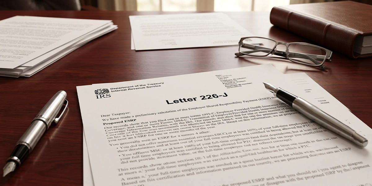 A high-end, photorealistic wide shot of a modern corporate boardroom table. In the foreground, out of focus, sits a concerned business executive in a tailored suit looking at an official IRS document.