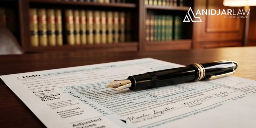 A professional, highly detailed macro shot of a complex financial document or IRS form with a shiny fountain pen resting on top of it