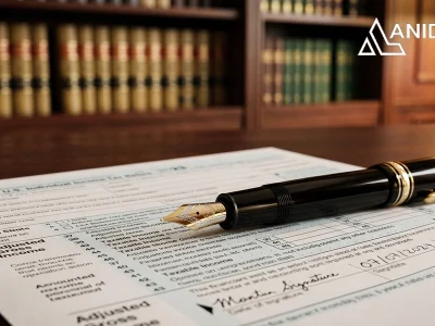 A professional, highly detailed macro shot of a complex financial document or IRS form with a shiny fountain pen resting on top of it