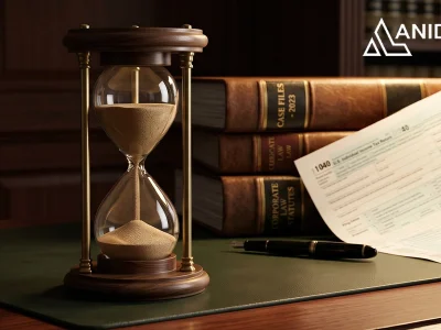 A photorealistic image of an elegant, classic hourglass on a lawyer's solid mahogany desk. The sand is actively running out. Behind the hourglass, slightly out of focus, are thick legal binders and an IRS tax return form