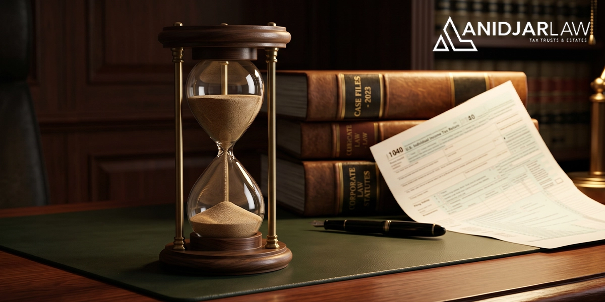 A photorealistic image of an elegant, classic hourglass on a lawyer's solid mahogany desk. The sand is actively running out. Behind the hourglass, slightly out of focus, are thick legal binders and an IRS tax return form