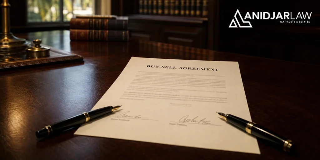 Buy-sell agreement signed by two business owners on a law office desk