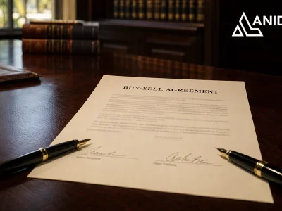 Buy-sell agreement signed by two business owners on a law office desk
