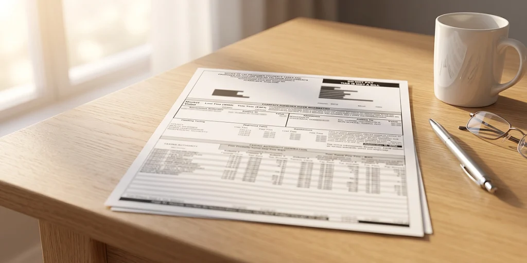 Florida homeowner reviewing TRIM notice property assessment document on a wooden desk
