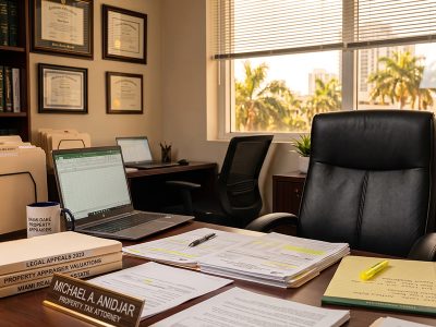 Professional reviewing real estate comparable sales documents and property assessment records on a desk