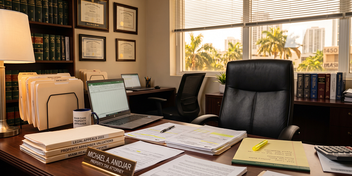 Professional reviewing real estate comparable sales documents and property assessment records on a desk