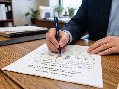 Close-up of a person filling out an official Florida VAB property tax petition Form DR-486 with a pen