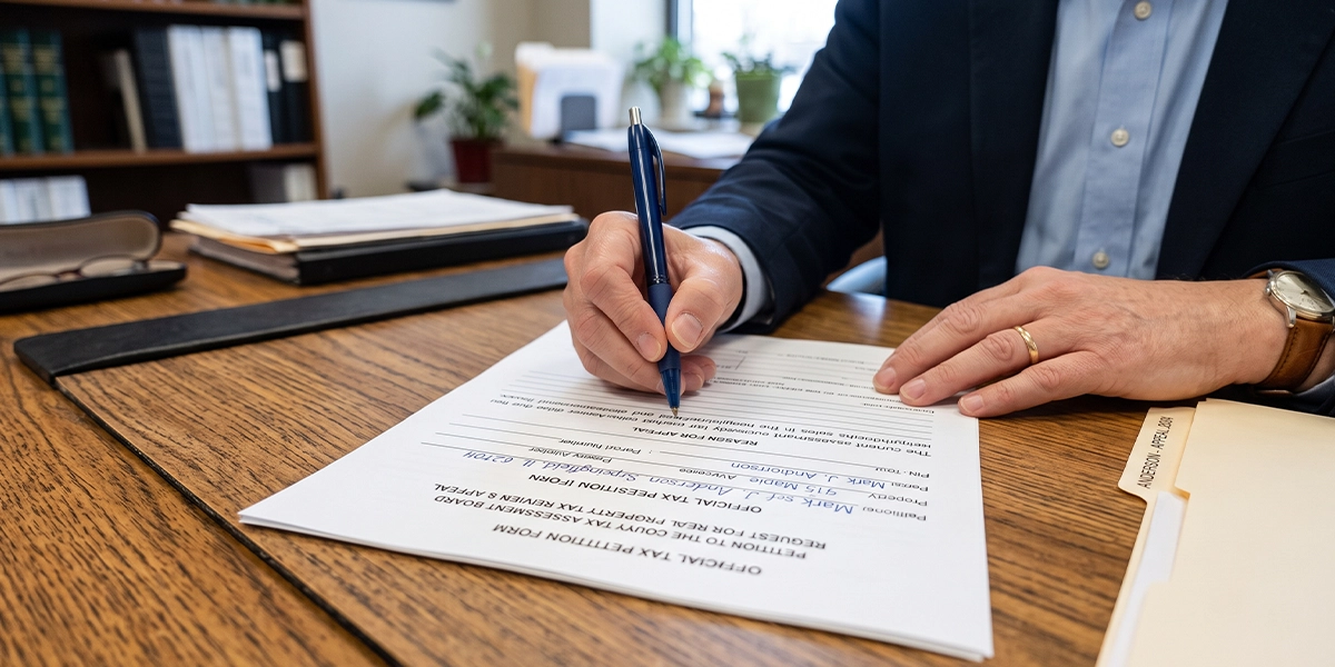 Close-up of a person filling out an official Florida VAB property tax petition Form DR-486 with a pen