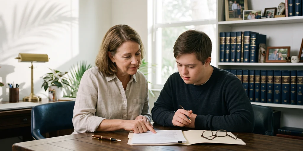Parent and adult child with a disability reviewing guardianship and decision-making documents at home in Florida
