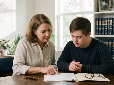 Parent and adult child with a disability reviewing guardianship and decision-making documents at home in Florida