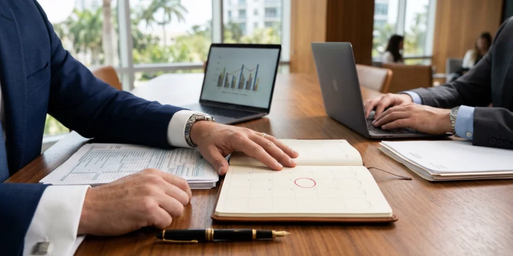 Florida tax attorney and business owner reviewing a Department of Revenue Notice of Proposed Assessment (NOPA) and sales tax audit deadline calendar